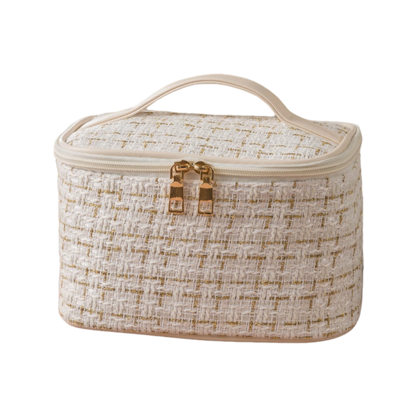 Vintage Styled Portable Cosmetic Makeup Woven Travel Bag - White &amp; Beige