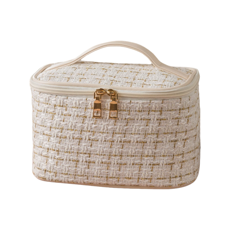 Vintage Styled Portable Cosmetic Makeup Woven Travel Bag - White & Beige Image