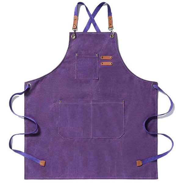 Canvas Kitchen Apron for Men Women Cooking Apron 3 Pockets(Purple)