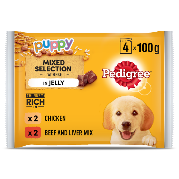 Pedigree Wet Dog Food Pouch for Puppies with Chicken &amp; Beef with Rice in Jelly 4 Pack