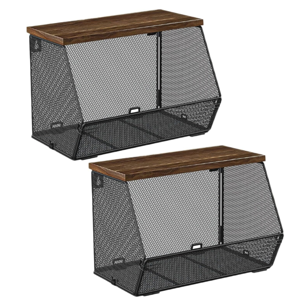 Bestby-Mutifunctional Metal Mesh Fruit Baskets With Wood Lid Storage, 2Pack