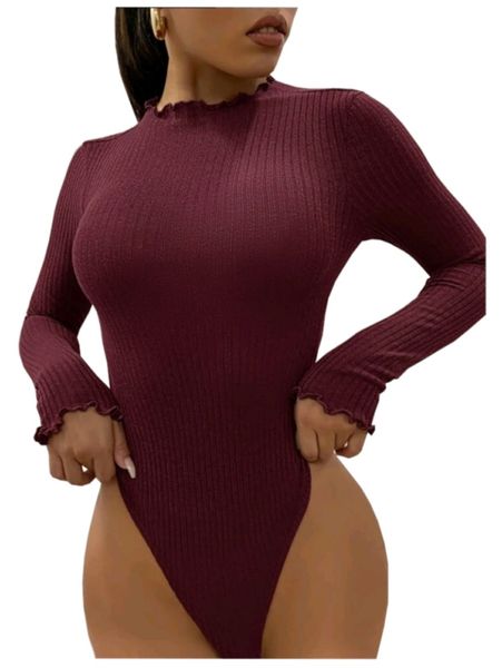 Sinful Indulgence Lettuce Trim Rib - Knit Solid Bodysuit - Maroon