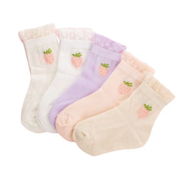 Cotton Cartoon Strawberry Socks for Girls Breathable Mesh