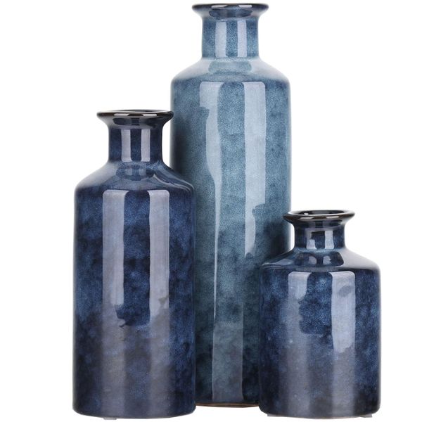 CART IN MART - Blue Ceramic Vase Set - Decorative Farmhouse Vase - 3 Piece Set