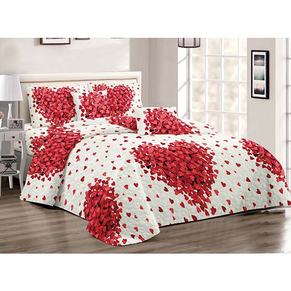 Bedspread Set Queen 5 Piece Microfiber Color White by Red Rose Heart Shape