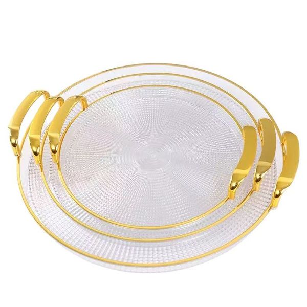 3 Pieces Gold-plated Clear Round Plastic Serving Tray with Handle Deco Tray Set