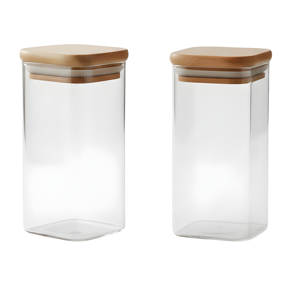 2 Pack - Airtight Square Glass Storage Jar With Wooden Lid - Transparent