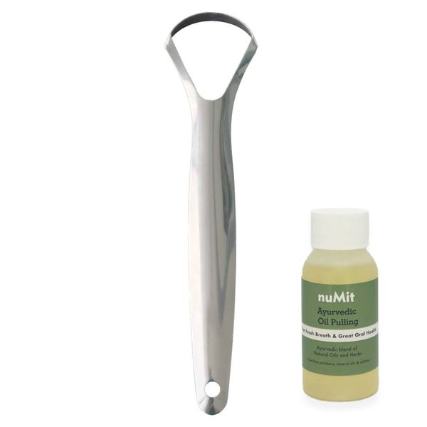 Ayurvedic Stainless Steel Tongue Cleaner Spoon &amp; nuMit Oil Pulling 50ml Kit