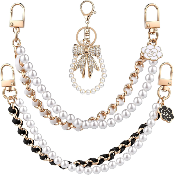 Sumvov 3 Pieces Pearl Bag Strap and Rhinestone Bow Keychain Set