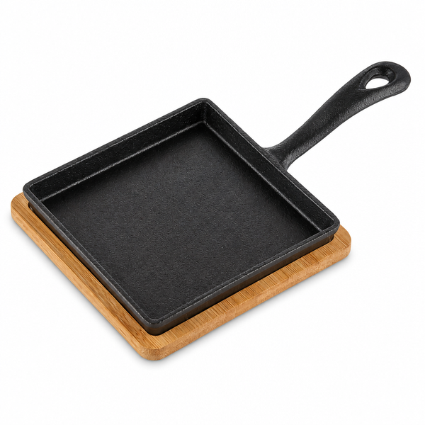 Cast Iron Griddle for Stovetops and Grills with Bamboo Base 13.8x1.6cm