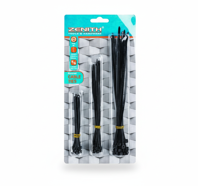 Zenith Cable Ties 100/150/200 mm Black 60 Piece