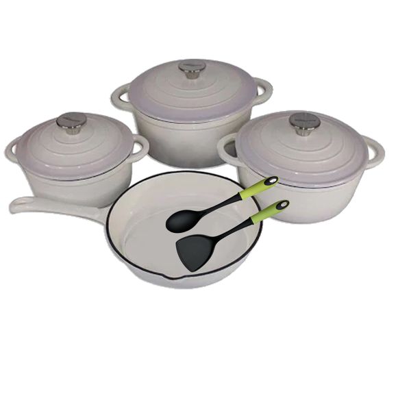 7 Piece Cast Iron Cookware Set + Two Minhaj Serving Spoons - Ivory