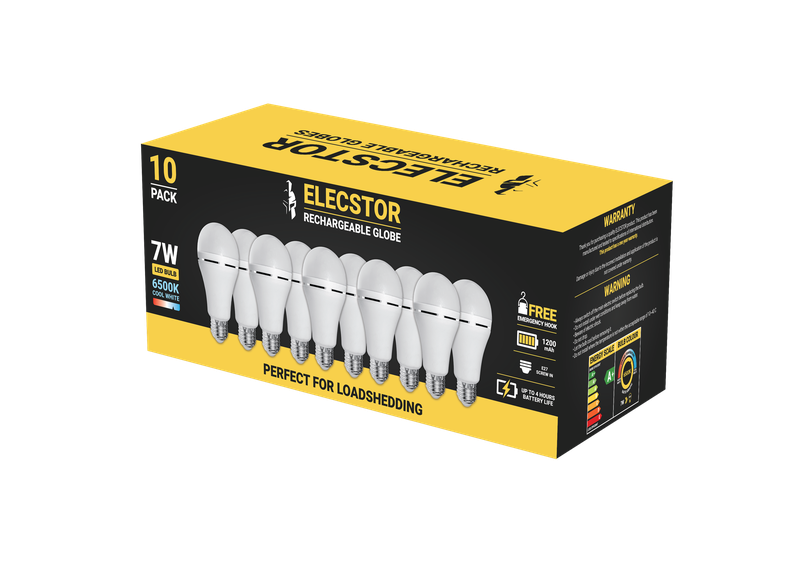 Elecstor 7W E27 Rechargeable Globe 1200mah - A60 Cool White 10 Pk Screw in
