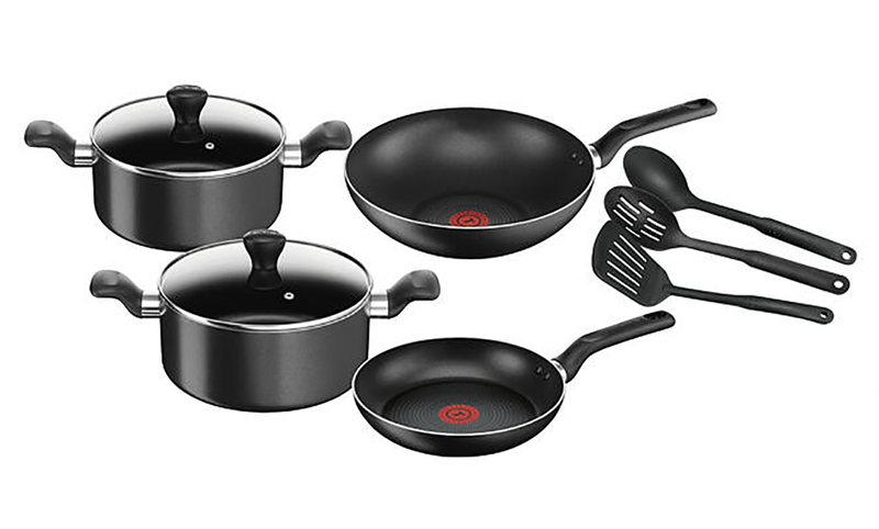 Tefal Super Cook Non-Stick With Thermo-Spot 9 Pieces Cooking Set - Black