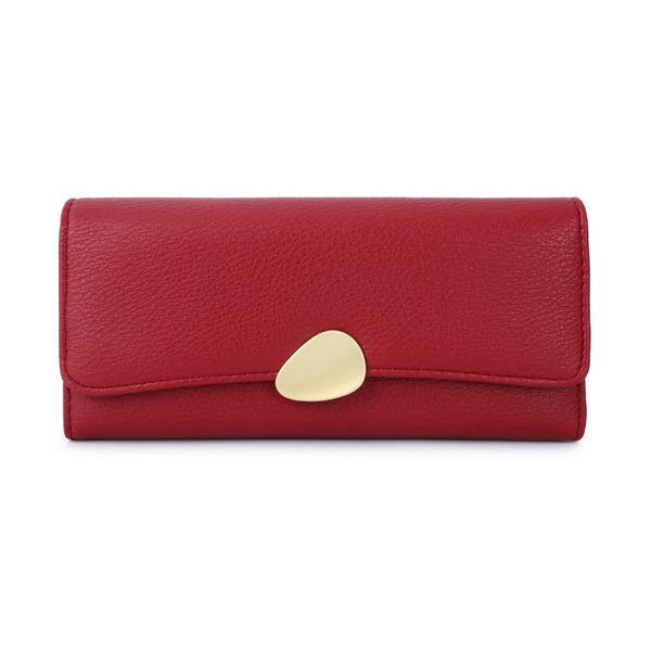 Red Textured Wallet - Gold Teardrop-Clasp and 9 Card Slots 19.1cm PU Leather