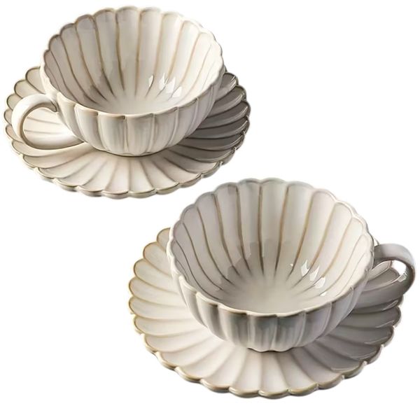 Pack Of 2 Retro Chrysanthemum Pattern Ceramic Teacup &amp; Saucer Set - Cream