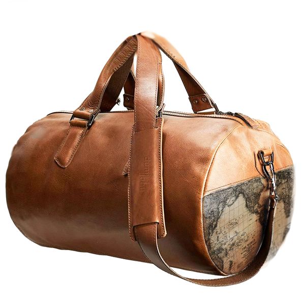 Genuine Leather Duffel Bag - World Map Illustrated