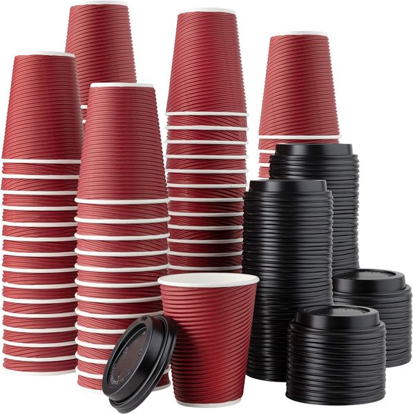 Insulated Wrinkled Double Wall Ripple Coffee Cups with Lids - 100 Pack