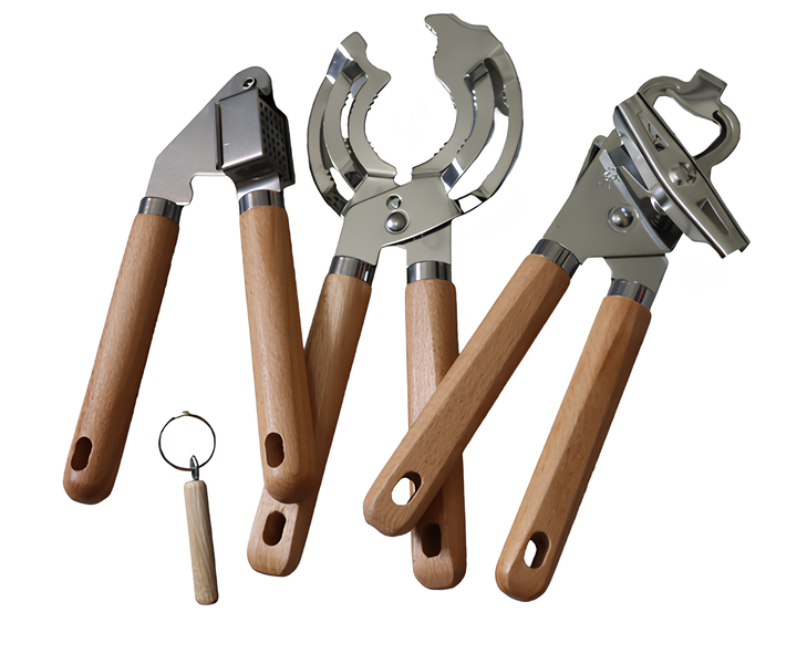Kitchen Set Garlic Press, Jar Opener, Key Ring &amp; Can Opener Wooden Handles