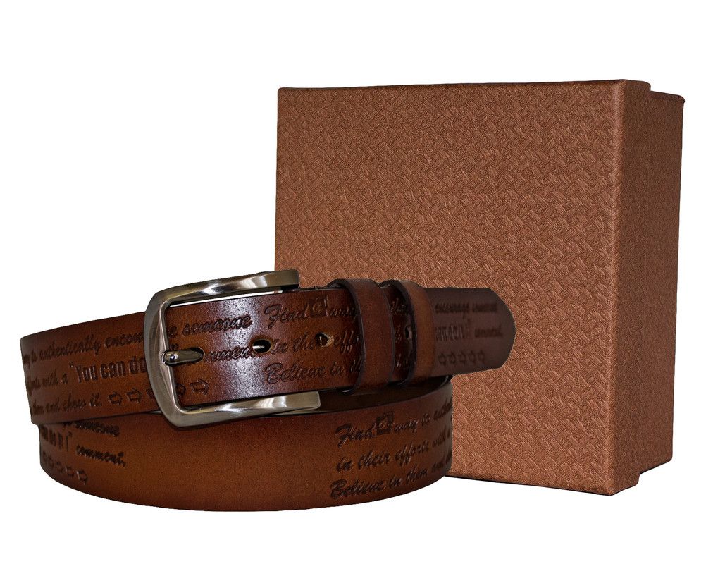 Fino 50660 Genuine Leather Men’s Quote Design Buckle Belt with Box