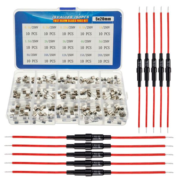 150 Piece Fast Blow Glass Fuses 250V with 10 Pieces 5x20 mm Fuse Holder