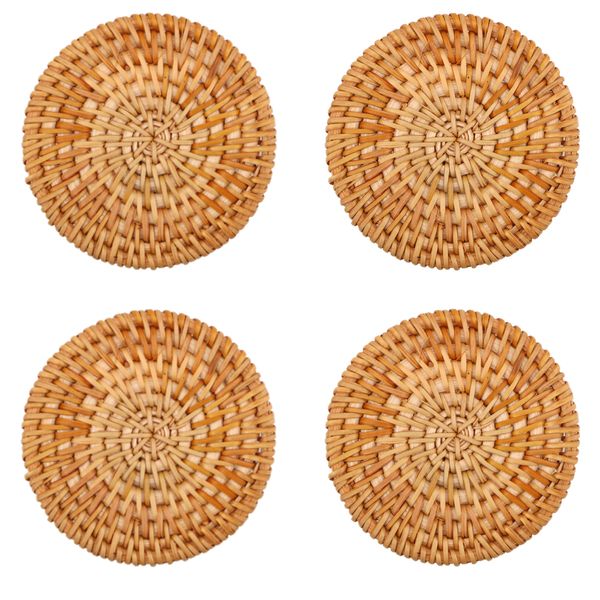 Home Decor Woven Rattan Bamboo Wood Coaster Set Of 4 8cm