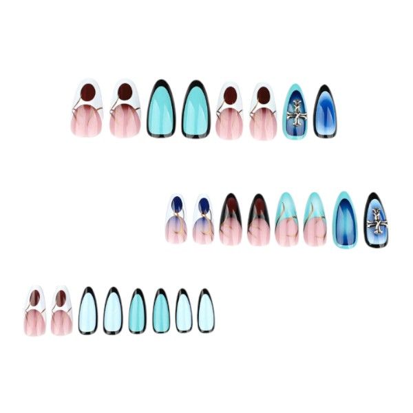24 Medium Almond Press On Nails With 3D Metal Asymmetric Line Design - Blue