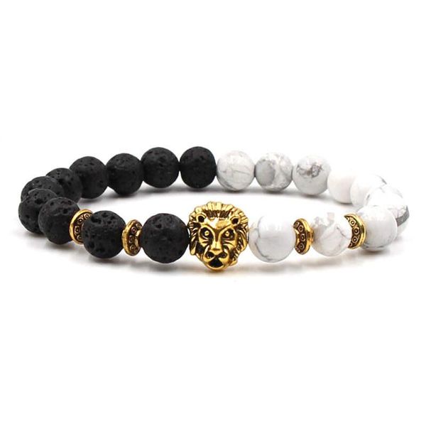 Argent Craft Lava Stone &amp; Howlite Stone Bracelet with Gold Lion Head