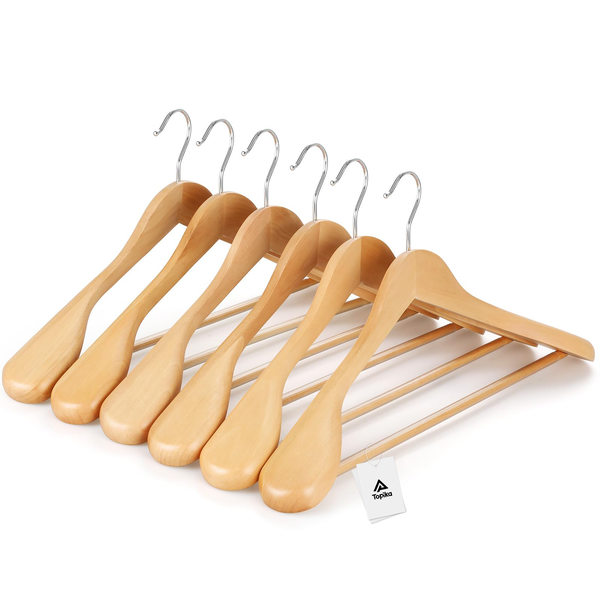 Topika 6 Piece Wide-Shoulder Suit Hangers, Heavy-Duty Wooden with 360 Hook