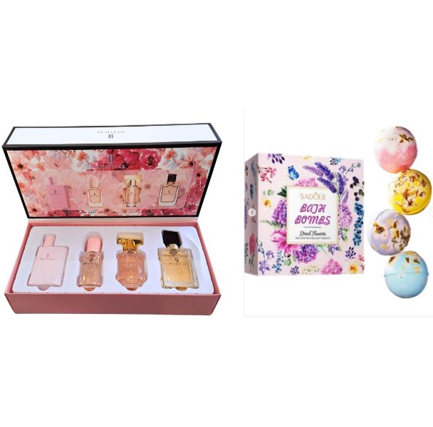 4 Bath Bomb Set &amp; Mystical Pink Flower Gift Perfume Set for Her - 30ml x 4