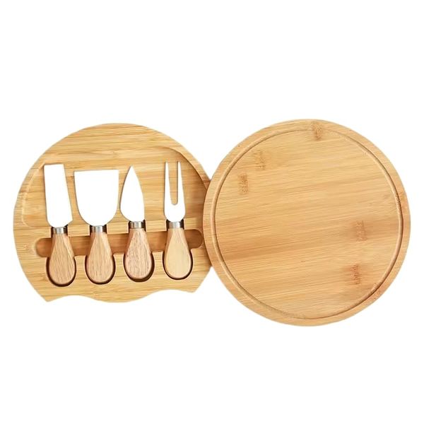 Bamboo Round Cheese Board With 4 Knives Set