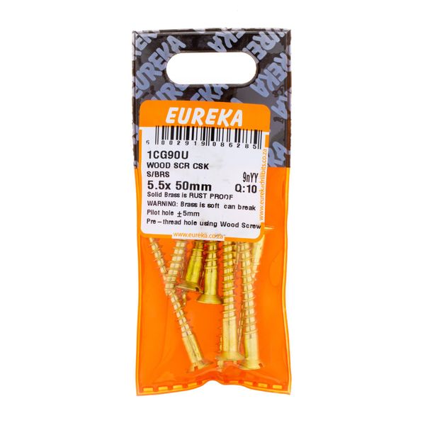 EUREKA Wood Screw Countersunk Solid Brass 5.5 x 50mm Q:10 1CG90U