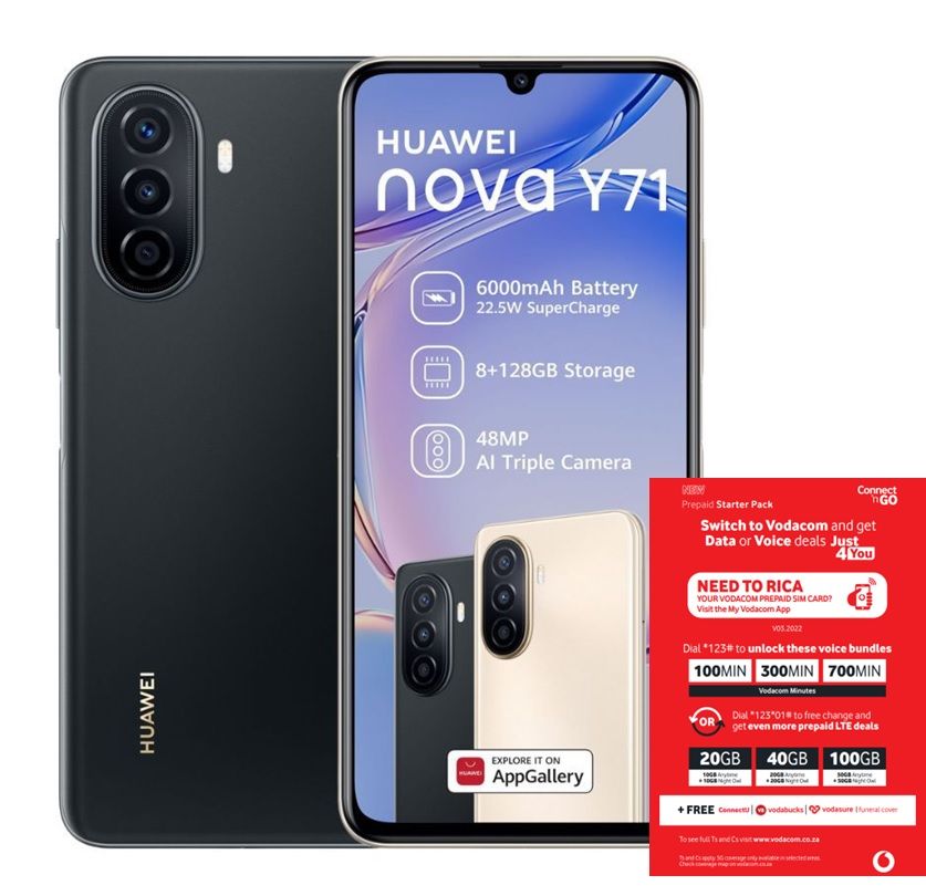 Huawei Nova Y71 128GB LTE Dual Sim - Black + Vodacom SIM Card Pack