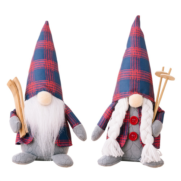 Christmas Ornament Red And Blue Checker Couple Gnomes Rudolph Doll B