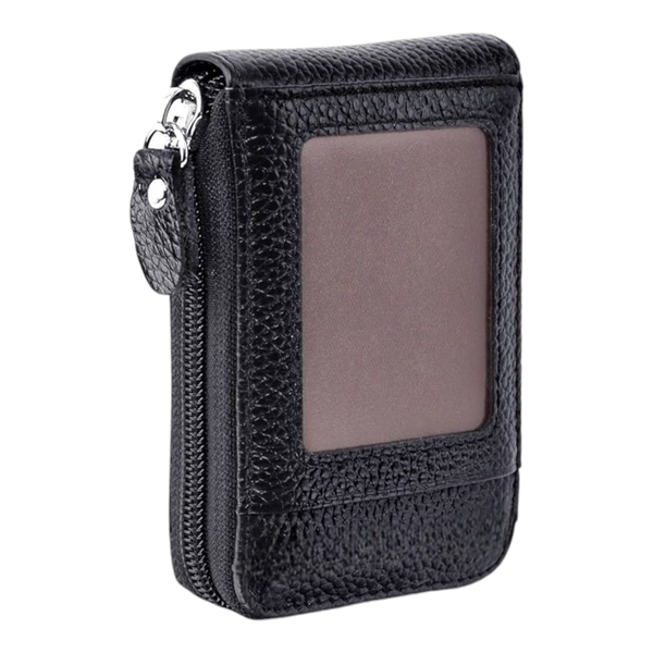 Compact Leather Cardholder Wallet With Transparent ID Pocket - Black