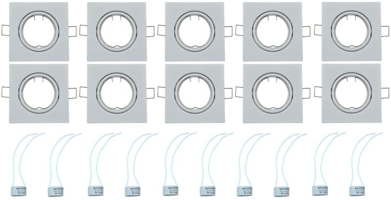 Swivel Square Down Light Fittings &amp; Gu10 Down Light Base Socket - 10 Pack