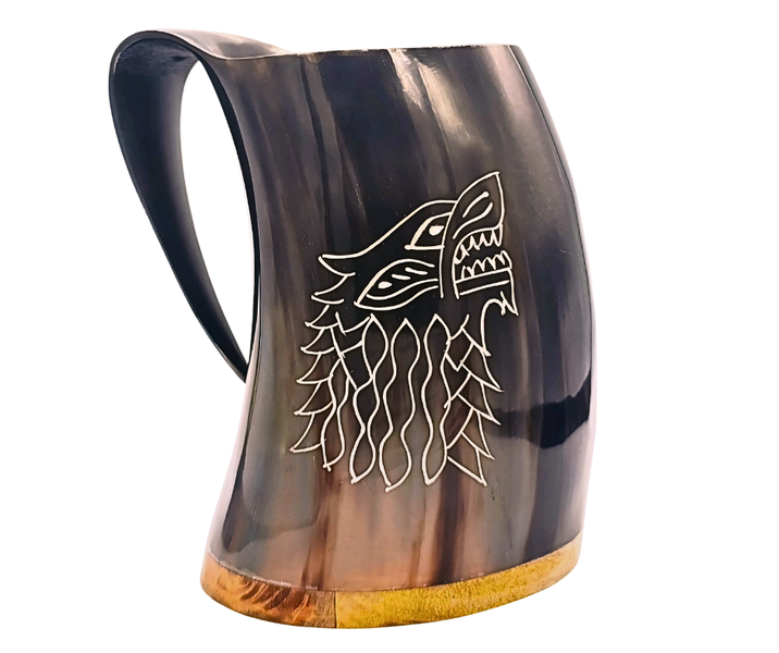 Buffalo Horn Beer Mug with Viking Engraving - Hand Crafted
