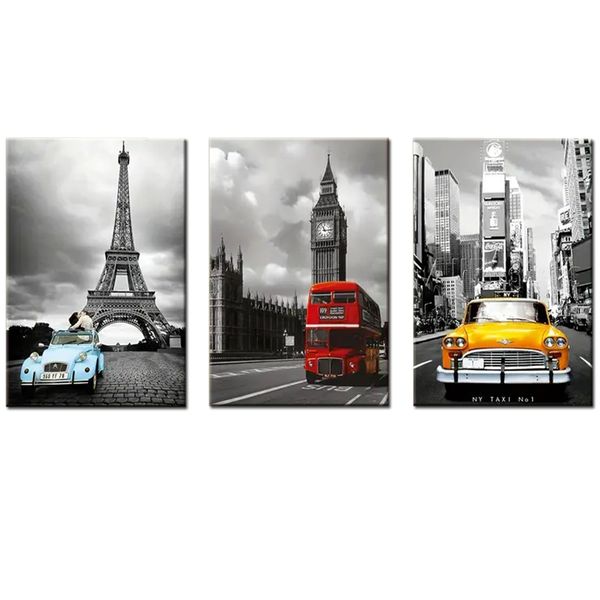 Canvas-Art-3 Pieces Black &amp; White Paris Tower ,NYC Car Landscape Wall Art