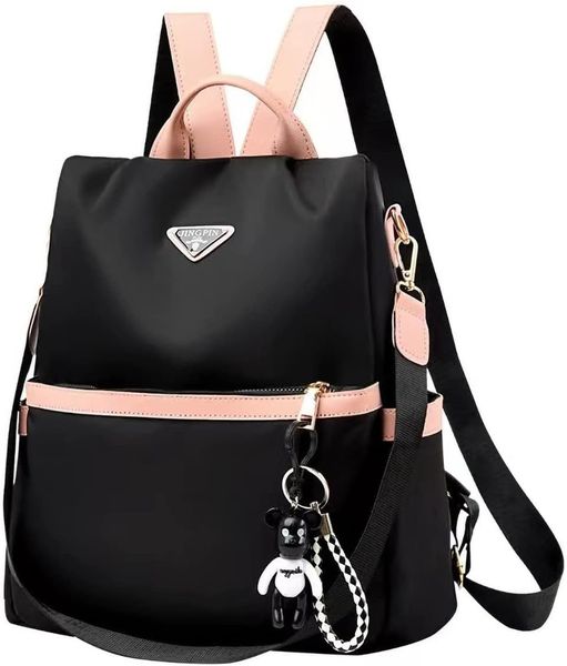 Women's Small Nylon Backpack - Anti-Theft Travel Shoulder Bag - Black/Pink