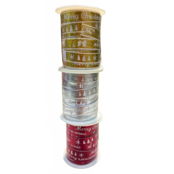 Pack of 3 Merry Chrismas Ribbon-Red, Gold, Silver