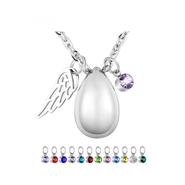 Memorial Safe Keeping Pendant - Water drop with Angel wing and Birthstones