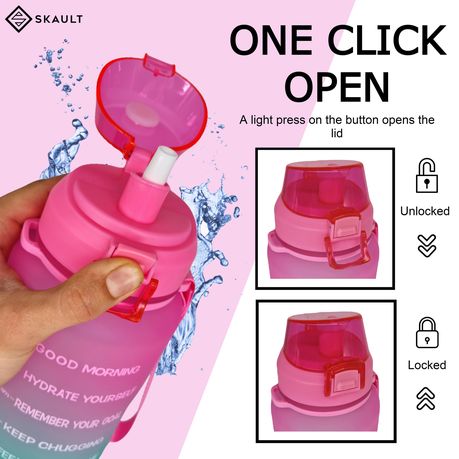 SKAULT - Large 2L Motivational Water Bottle Time Markers and Straw