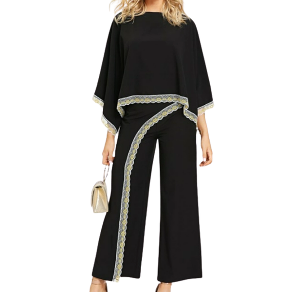 Bat Sleeve Lace Contrast Top With Wide Leg Pants