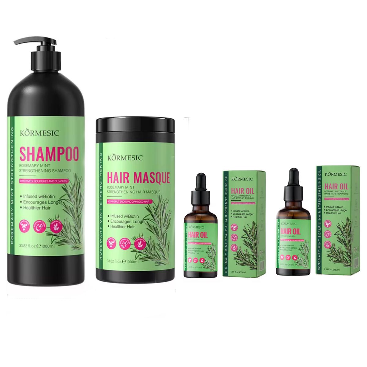 Kormesic Rosemary Mint Mega Biotin Hair Care Set (1000 ml +1000 ml + 2 Oils