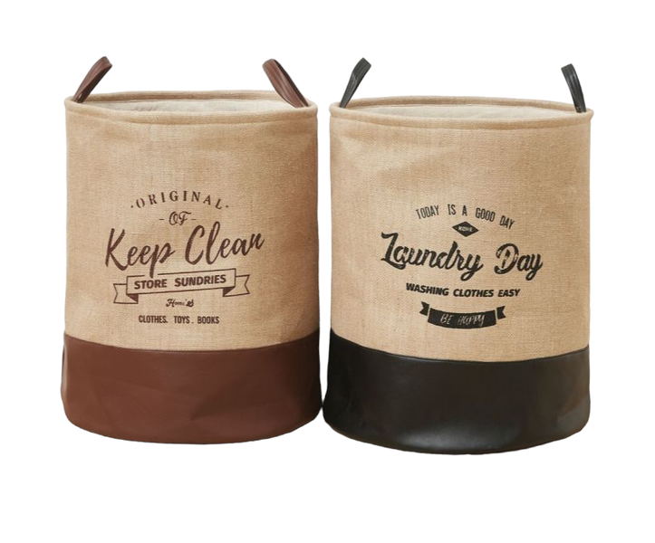 Linen Laundry Storage Basket with Leather Handle - Set Of 2