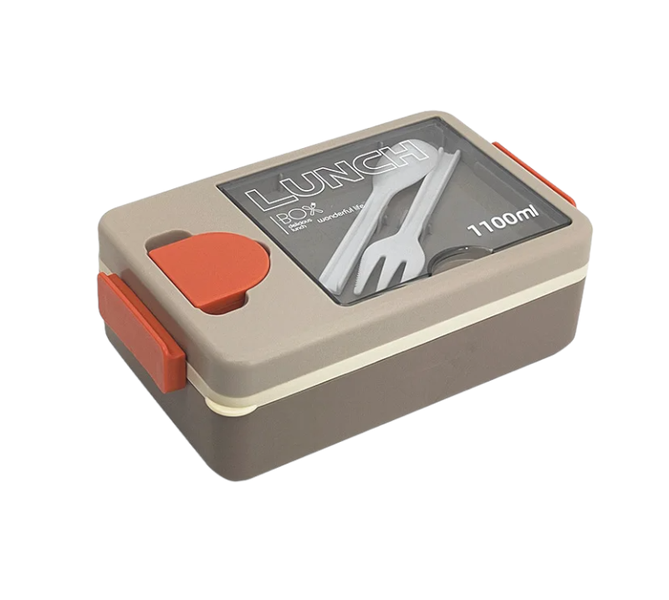 1100ml Rectangle Divided Bento Box With Sauce Cup, Spoon and Fork