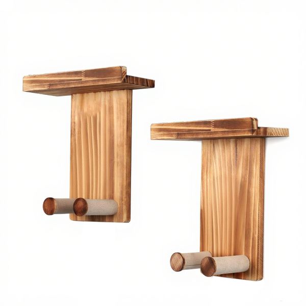 2Pcs Guitar Wall Mount Hanger Rustic Wood Shelf Hook Rack Ukulele Holder