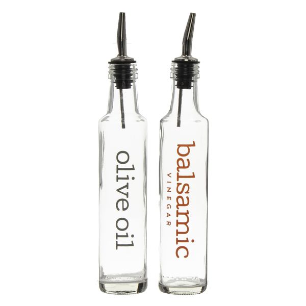 Regent Round Olive Oil &amp; Balsamic Vinegar Bottles with Pourers Printed 250ml, 2 Pack