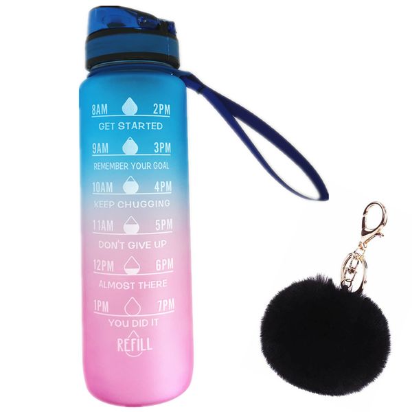 Inspiration Water Bottle Motivational Time Marker 1L+ Fluffy Ball Key Ring