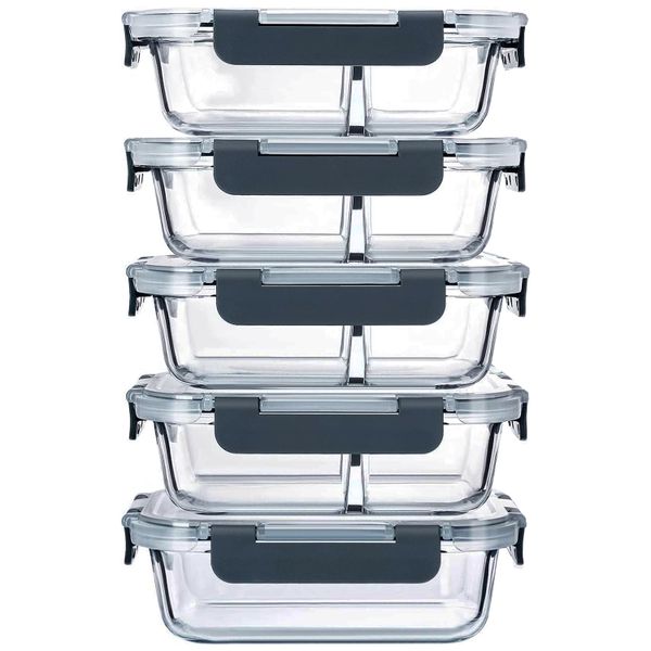 5 Pack Split Compartment Clear Airtight Glass Meal Prep Food Container- 1L